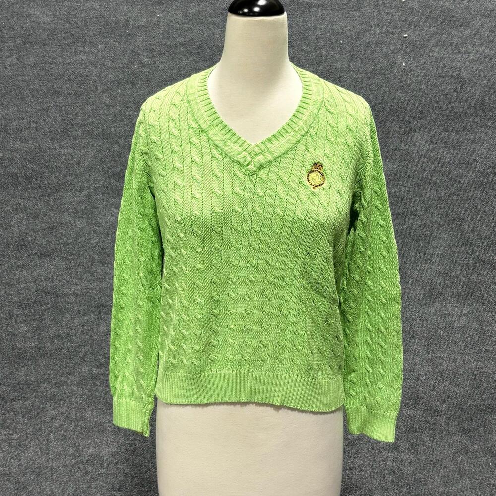 Lauren Ralph Lauren Sweater Womens Medium Green Cable Knit V Neck Crest Logo